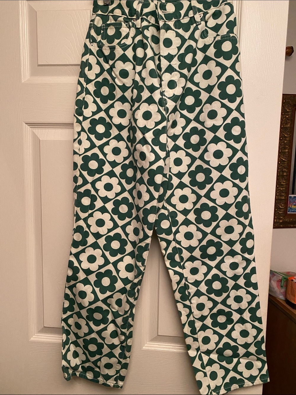 Pacific Sunwear Teal and Cream Graphic Pattern Pants